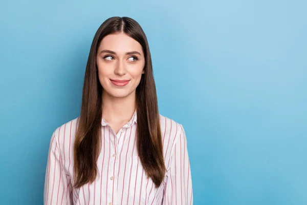 Photo Pretty Thoughtful Woman Wear Striped Shirt Looking Empty Space — Foto Stock