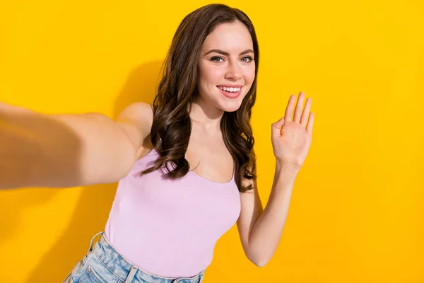 Portrait Positive Nice Girl Take Selfie Record Video Arm Palm — Stockfoto