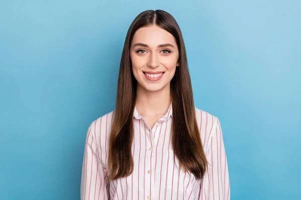 Photo Adorable Pretty Woman Wear Striped Shirt Smiling Isolated Blue — Foto Stock