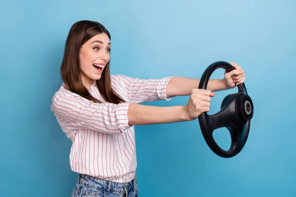 Profile Side View Portrait Attractive Ecstatic Girl Driving Having Fun — Stock fotografie