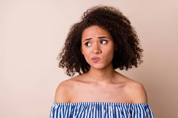 Portrait Minded Pensive Lady Look Interested Empty Space Hesitate Brainstorming — Stock Photo, Image