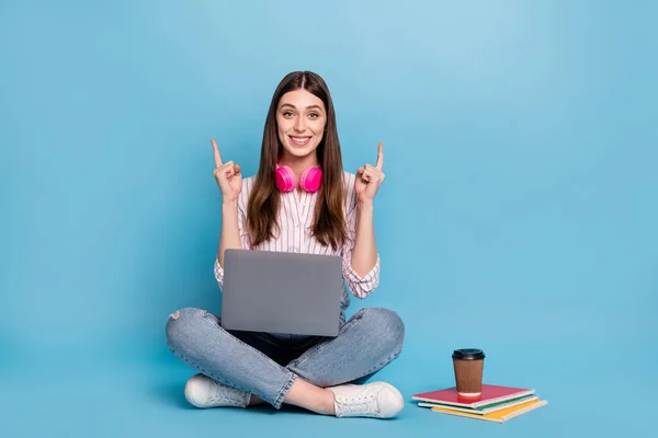 Portrait Beautiful Trendy Cheerful Girl Sitting Using Laptop Point Isolated — Zdjęcie stockowe