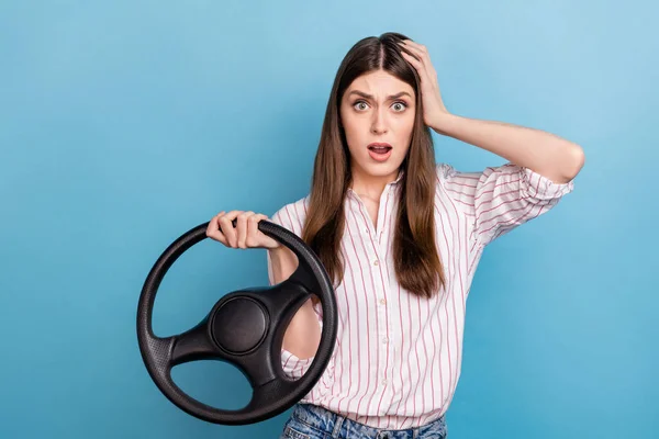 Portrait Attractive Worried Girl Holding Steering Wheel Oops Isolated Vibrant — Zdjęcie stockowe