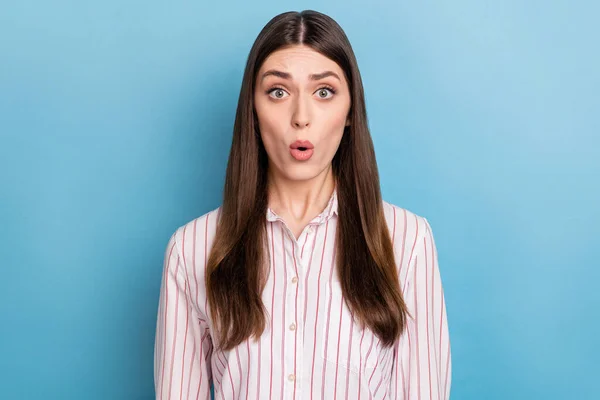 Photo Excited Amazed Woman Wear Striped Shirt Big Eyes Lips — Stockfoto
