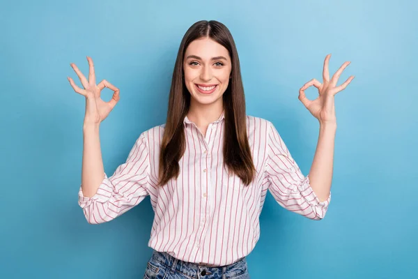 Photo Cheerful Positive Woman Wear Striped Shirt Shoving Okey Gestures — Stok fotoğraf