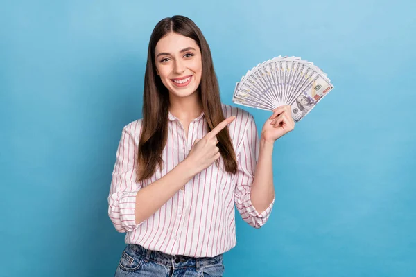 Portrait Attractive Cheerful Girl Holding Demonstrating Fan Cash Salary Income — Stockfoto