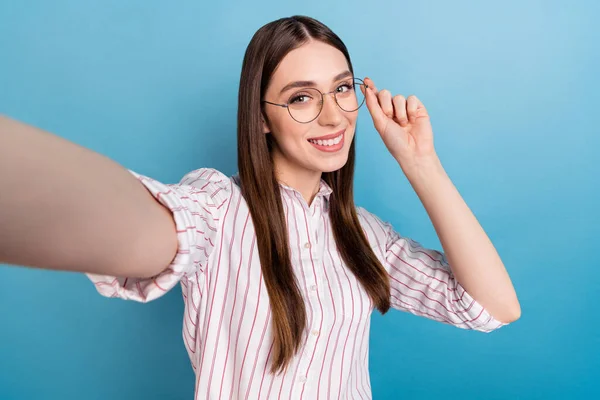 Self Portrait Attractive Cheerful Skilled Girl Touching Specs Isolated Vivid — Foto Stock