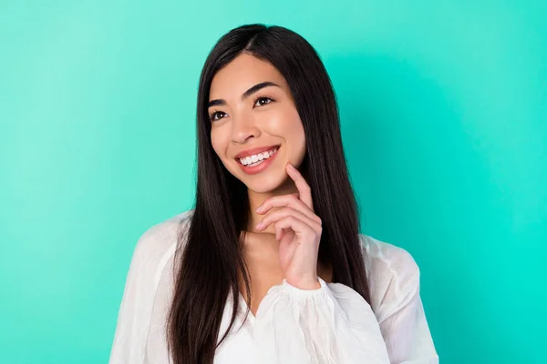 Portrait Pretty Minded Vietnamese Girl Finger Touch Chin Look Empty — Foto Stock