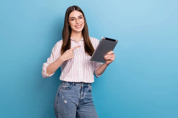 Portrait Beautiful Cheerful Brown Haired Girl Demonstrating Ebook Isolated Bright — Foto de Stock