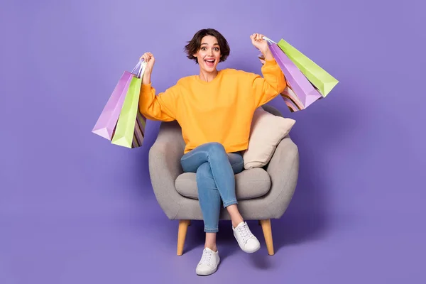Portrait Attractive Cheerful Girl Holding Bags Rejoicing Having Fun Isolated —  Fotos de Stock