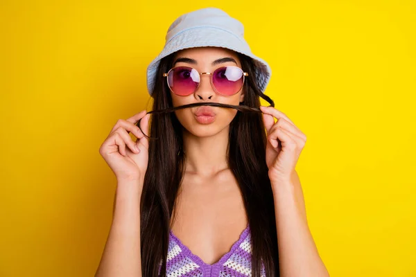 Portrait Cute Charming Female Fake Mustache Fooling Flirting Boyfriend Isolated — Fotografie, imagine de stoc