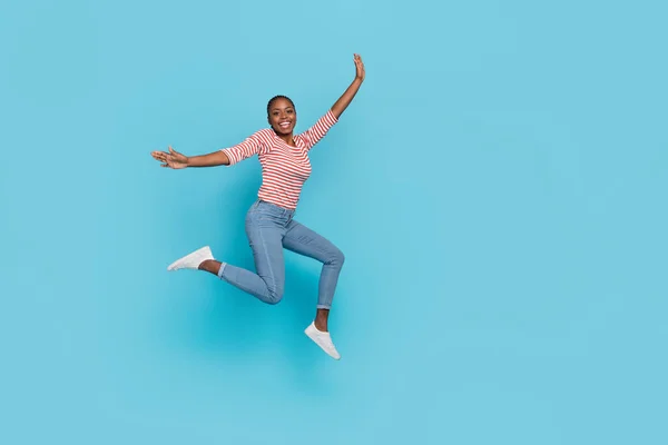 Full Body Photo Overjoyed Cheerful Lady Jump Have Fun Good — Φωτογραφία Αρχείου