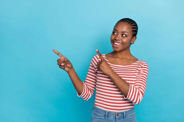 Photo Pretty Positive Girl Look Direct Fingers Empty Space Offer — Stock Photo, Image