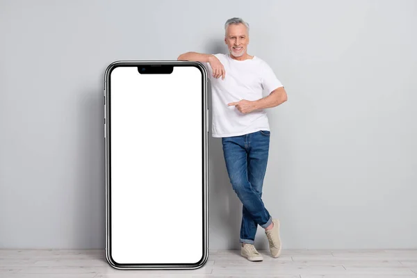 Full Length Body Size View Handsome Cheery Man Demonstrating Copy — Stockfoto