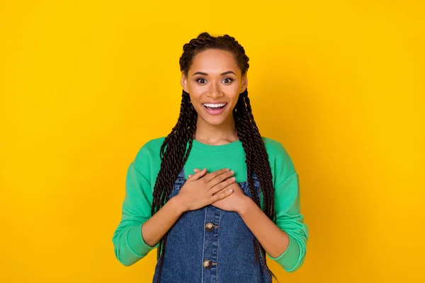 Photo Fascinated Positive Person Arms Touch Chest Unexpected Isolated Yellow — Stockfoto