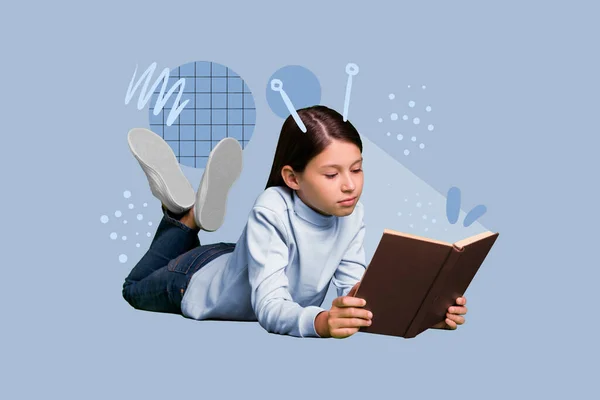 Composite Collage Picture Intelligent Little Girl Laying Hold Read Book — Fotografia de Stock