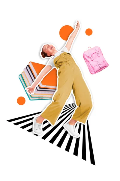 Vertical collage illustration of cheerful overjoyed girl dancing have good mood painted pile stack book rucksack.