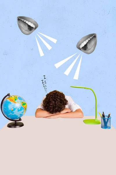 Vertical Creative Collage Tired Sleepy Boy Desktop Two Black White —  Fotos de Stock