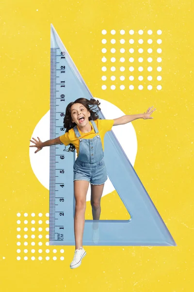 Vertical Collage Picture Excited Funny Small Girl Jump Triangular Isolated — 图库照片