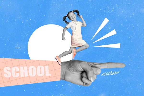 Collage Afbeelding Van Grote Hand Vinger Wijzen Manier School Klein — Stockfoto