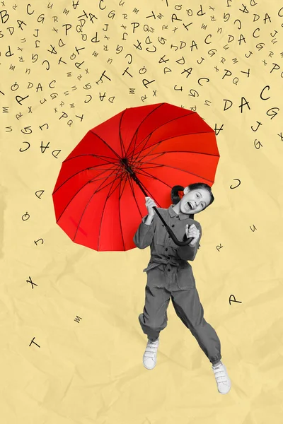 Vertical collage image of overjoyed amazed girl black white colors hold umbrella drawing letters rain isolated on creative background.