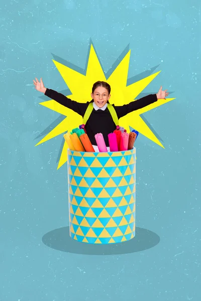 Vertical Collage Picture Excited Funky Small Girl Colorful Markers Cup — Stockfoto