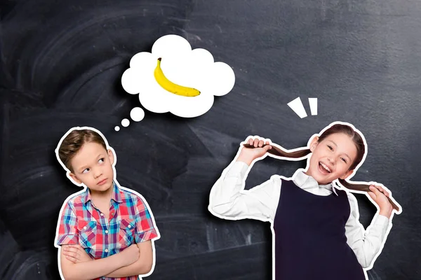Composite collage image of two kids boy think dream eat banana girl hands hold play hairstyle tails isolated on black board background.