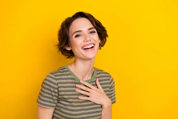 Portrait Young Woman Laughing Joke Touching Chest Isolated Bright Yellow —  Fotos de Stock