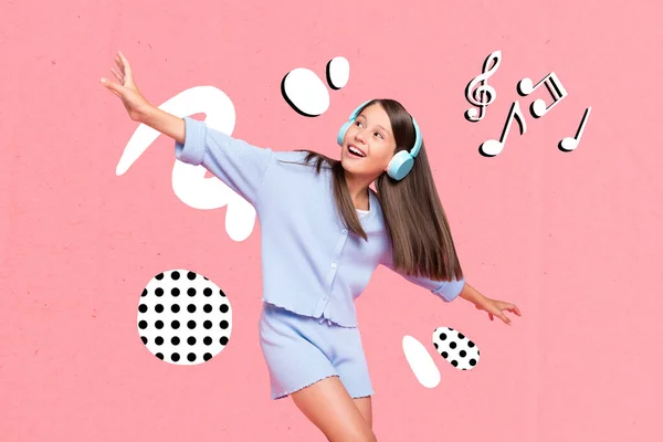 Creative collage image of cheerful carefree girl enjoy listen new playlist drawing melody notes isolated on painted background.