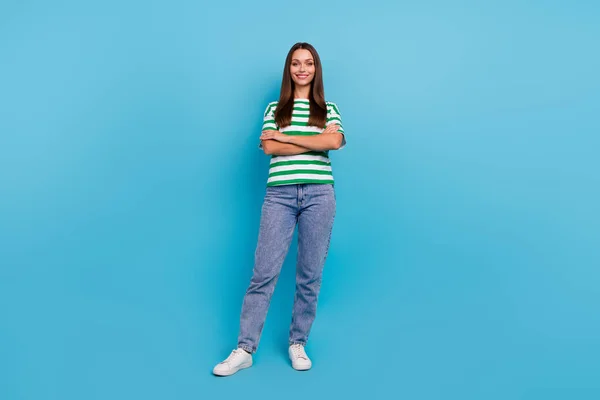 Full Length Photo Cool Millennial Lady Crossed Arms Wear Shirt — Stock Fotó