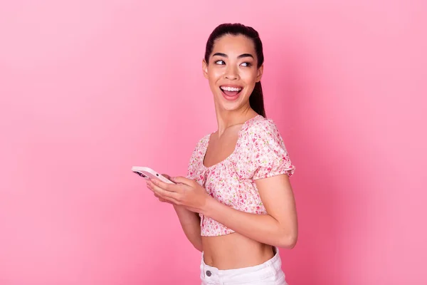 Portrait Excited Gorgeous Person Hold Telephone Look Empty Space Isolated — Stockfoto