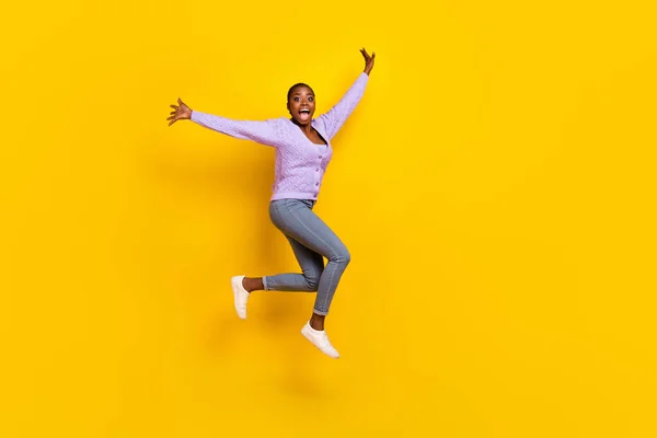 Full Body Photo Overjoyed Energetic Girl Jumping Scream Rejoice Isolated — Stok fotoğraf