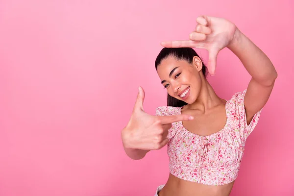Portrait Cheerful Lovely Person Arms Fingers Showing Cadre Gesture Isolated — Foto de Stock