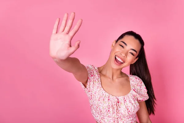 Portrait Pretty Excited Girl Arm Palm Give High Five Toothy — Fotografia de Stock