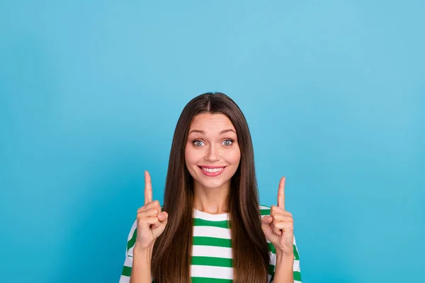 Photo Funky Young Lady Index Wear Striped Shirt Isolated Blue — Stockfoto