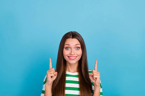 Photo Funky Young Lady Index Wear Striped Shirt Isolated Blue — kuvapankkivalokuva