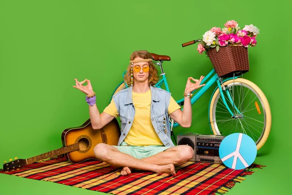 Full Size Portrait Focused Calm Hippy Guy Sit Checkered Blanket — Foto de Stock