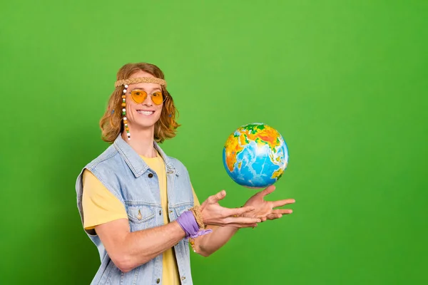 Portrait Attractive Cheerful Hippie Guy Throwing Globe Agency Season Isolated — Foto de Stock