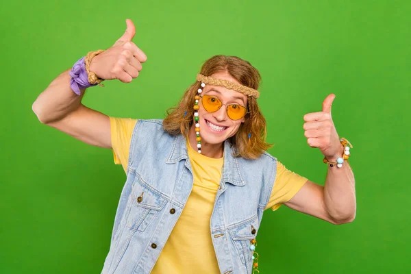 Portrait Attractive Cheerful Guy Showing Double Thumbup Advert Deal Done — Stockfoto