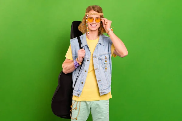 Portrait Attractive Cheerful Hippie Guy Artist Touching Specs Traveling Isolated — Foto de Stock