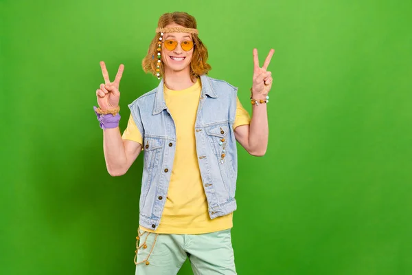 Portrait Attractive Cheerful Funny Carefree Guy Hippie Showing Double Sign — Stok fotoğraf