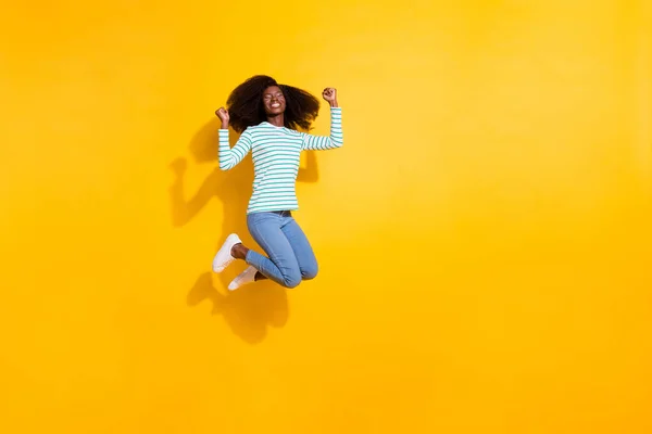 Full Length Photo Delighted Astonished Person Raise Fists Closed Eyes — Stok fotoğraf