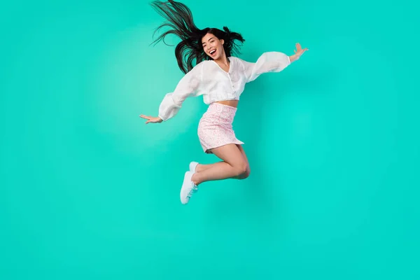 Full Body Photo Cheerful Lady Excited Jump High Active Moving — Foto Stock