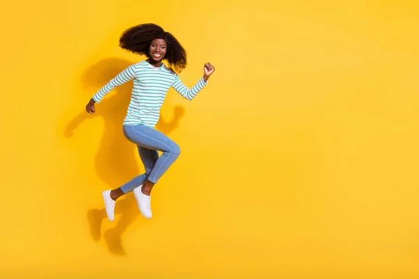 Full Body Photo Carefree Excited Girl Running Jumping Empty Space — Stok fotoğraf