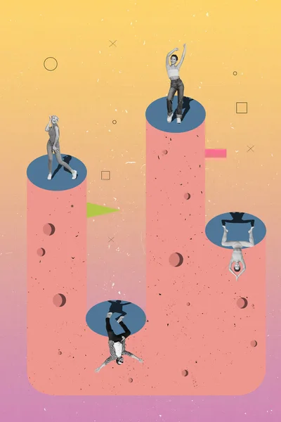 Banner Magazine Collage Four People Millennials Dance Platform Upside Isolated — Stockfoto