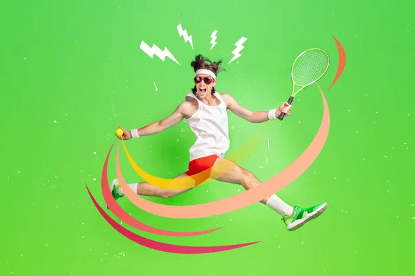 Banner Collage Nerd Sportive Guy Jumping Serving Tennis Ball Isolated — стоковое фото