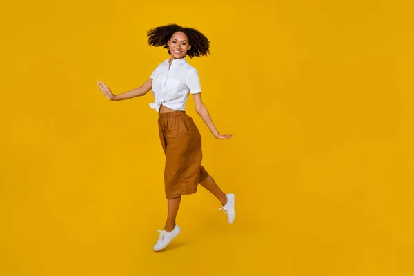 Full Length Portrait Overjoyed Active Person Jumping Toothy Smile Isolated — Fotografia de Stock