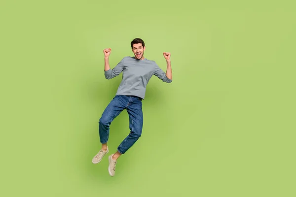 Full Body Photo Attractive Student Age Man Jumping Support His — Stockfoto