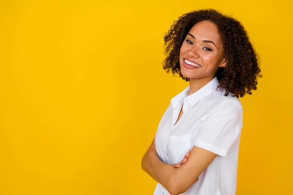 Profile Side View Portrait Cheerful Pretty Girl Demonstrate White Shine — Φωτογραφία Αρχείου