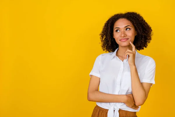 Portrait Charming Minded Lady Stylish Outfit Look Eyes Arm Finger —  Fotos de Stock